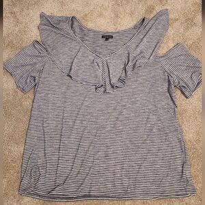 Navy and White Striped Shoulder Peek Ruffle Top